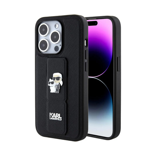Karl Lagerfeld Gripstand Saffiano Karl & Choupette Pins Case, Schwarz - iPhone 15 Pro