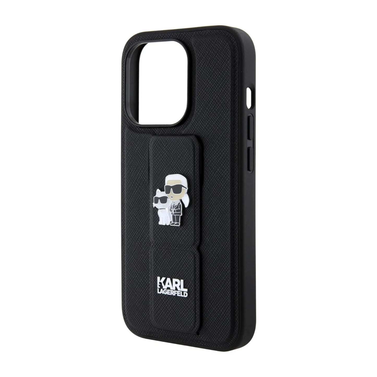 Karl Lagerfeld Gripstand Saffiano Karl & Choupette Pins Case, Schwarz - iPhone 15 Pro