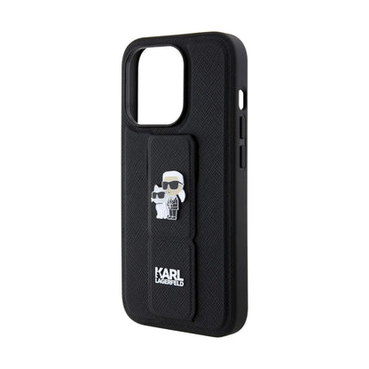 Karl Lagerfeld Gripstand Saffiano Karl & Choupette Pins Case, Schwarz - iPhone 15 Pro Max