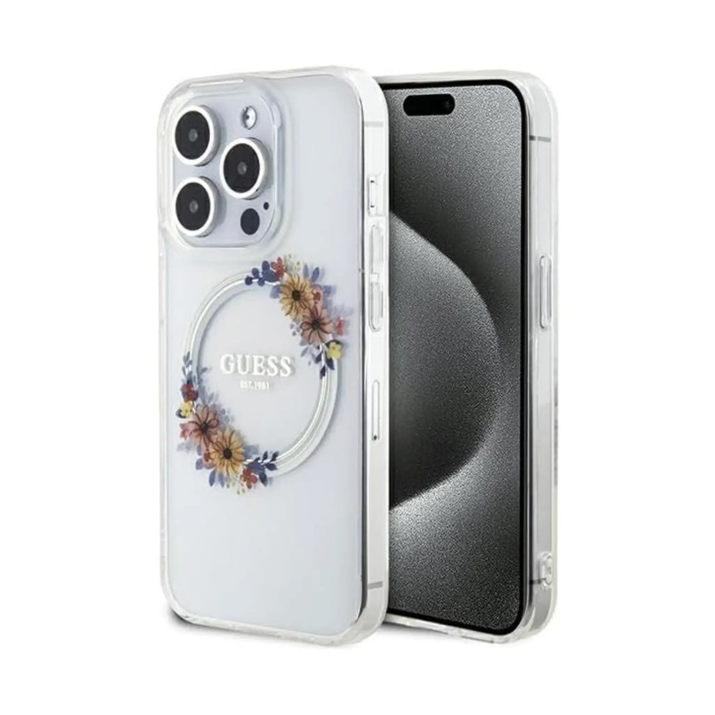 Guess IML Flowers Wreath Hülle Transparent für Magsafe – iPhone 15 Pro Max