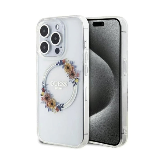 Guess IML Flowers Wreath Hülle Transparent für Magsafe – iPhone 15 Pro Max