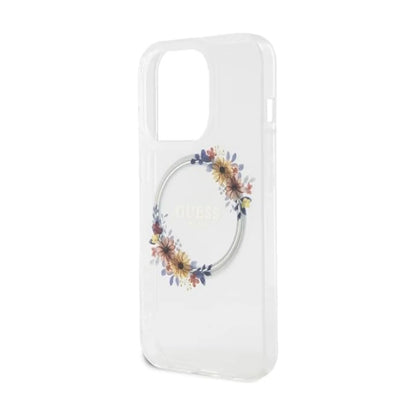Guess IML Flowers Wreath Hülle Transparent für Magsafe – iPhone 15 Pro Max