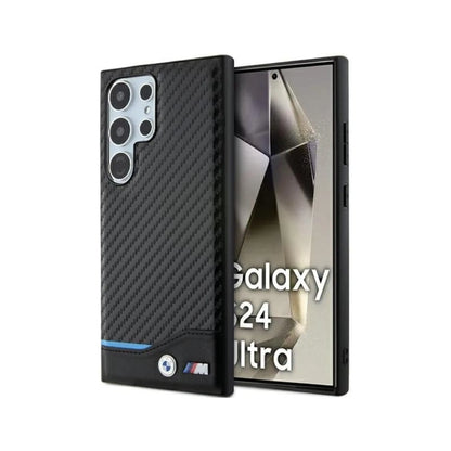 BMW Leder Carbon Blue Line Case, Schwarz - Samsung Galaxy S24 Ultra
