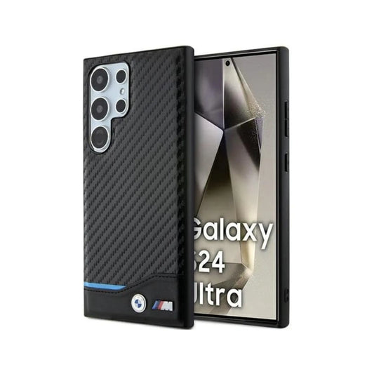 BMW Leder Carbon Blue Line Case, Schwarz - Samsung Galaxy S24 Ultra