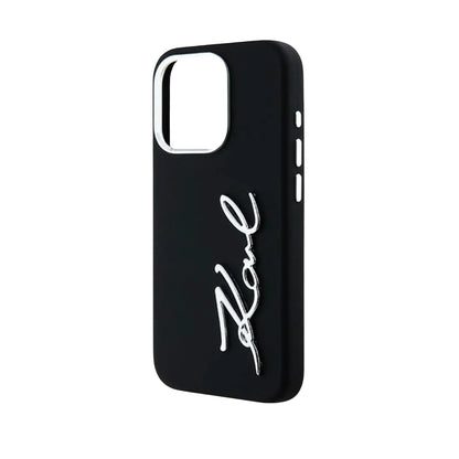 Karl Lagerfeld KLHCP15LSCMSMVK Silicone Metal Script Logo Case, Schwarz – iPhone 15 Pro