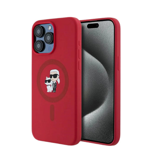 Karl Lagerfeld KLHMP15XSCMKCRHR Silicone Karl & Choupette Ring MagSafe Case, Rot – iPhone 15 Pro Max