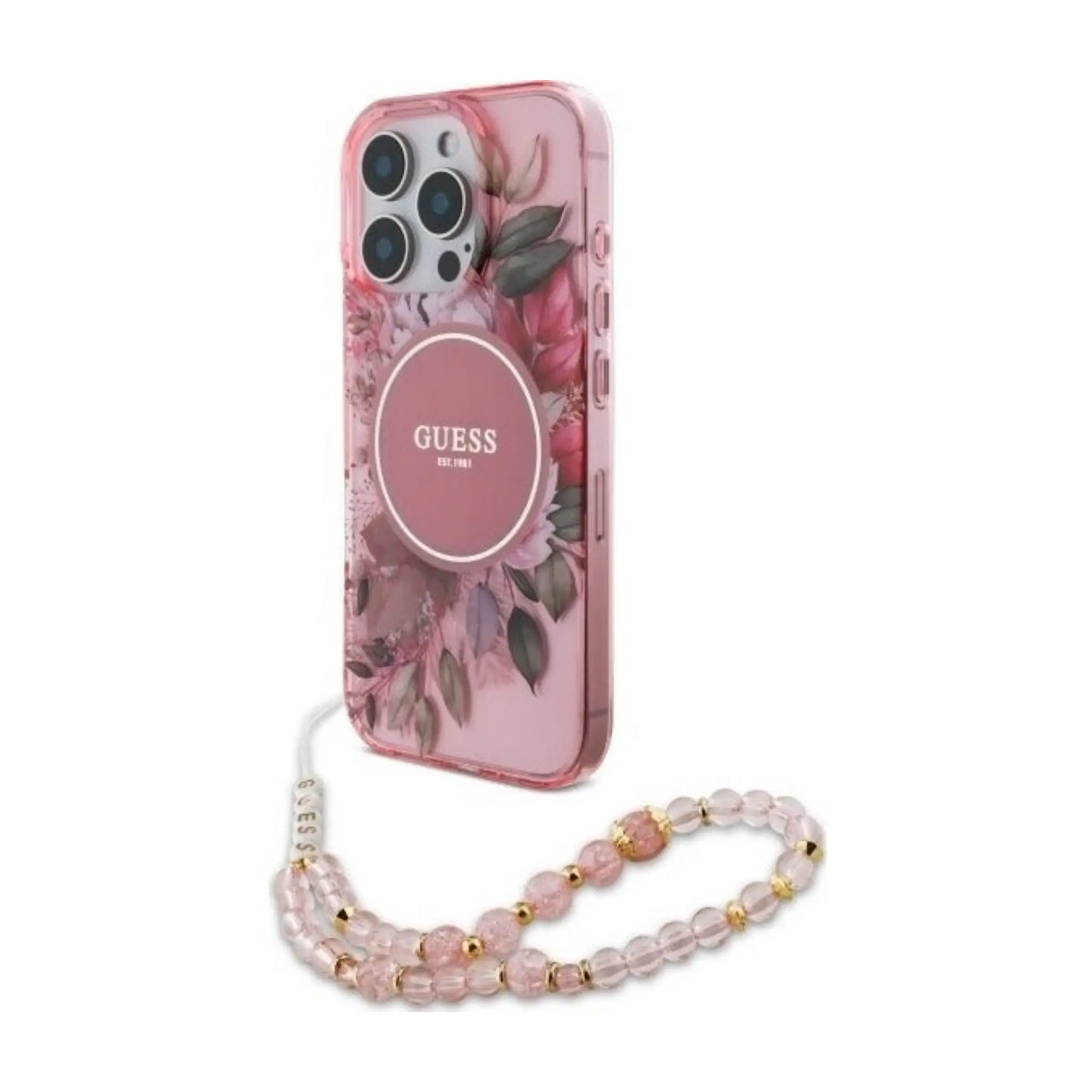 Guess Hülle IML Flowers with Pearl Strap MagSafe Rosa – iPhone 16 Pro Max