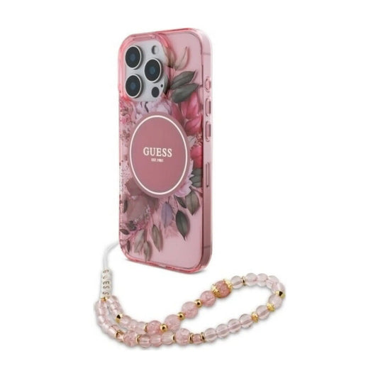 Guess Hülle IML Flowers with Pearl Strap MagSafe Rosa – iPhone 16 Pro Max