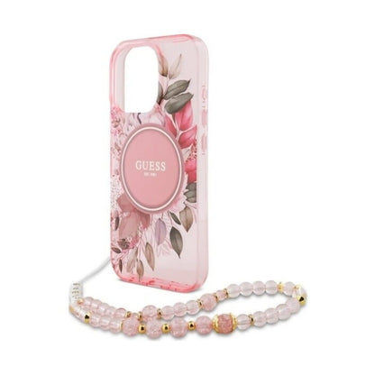 Guess Hülle IML Flowers with Pearl Strap MagSafe Rosa – iPhone 16 Pro Max