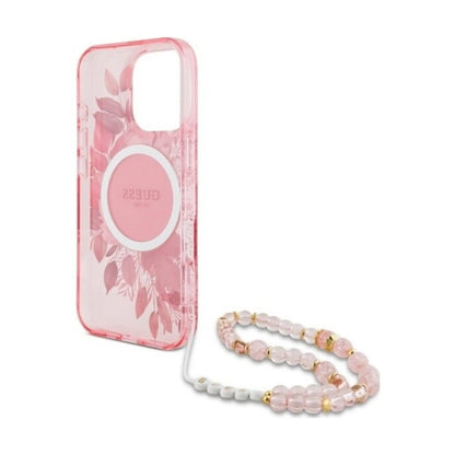 Guess Hülle IML Flowers with Pearl Strap MagSafe Rosa – iPhone 16 Pro Max