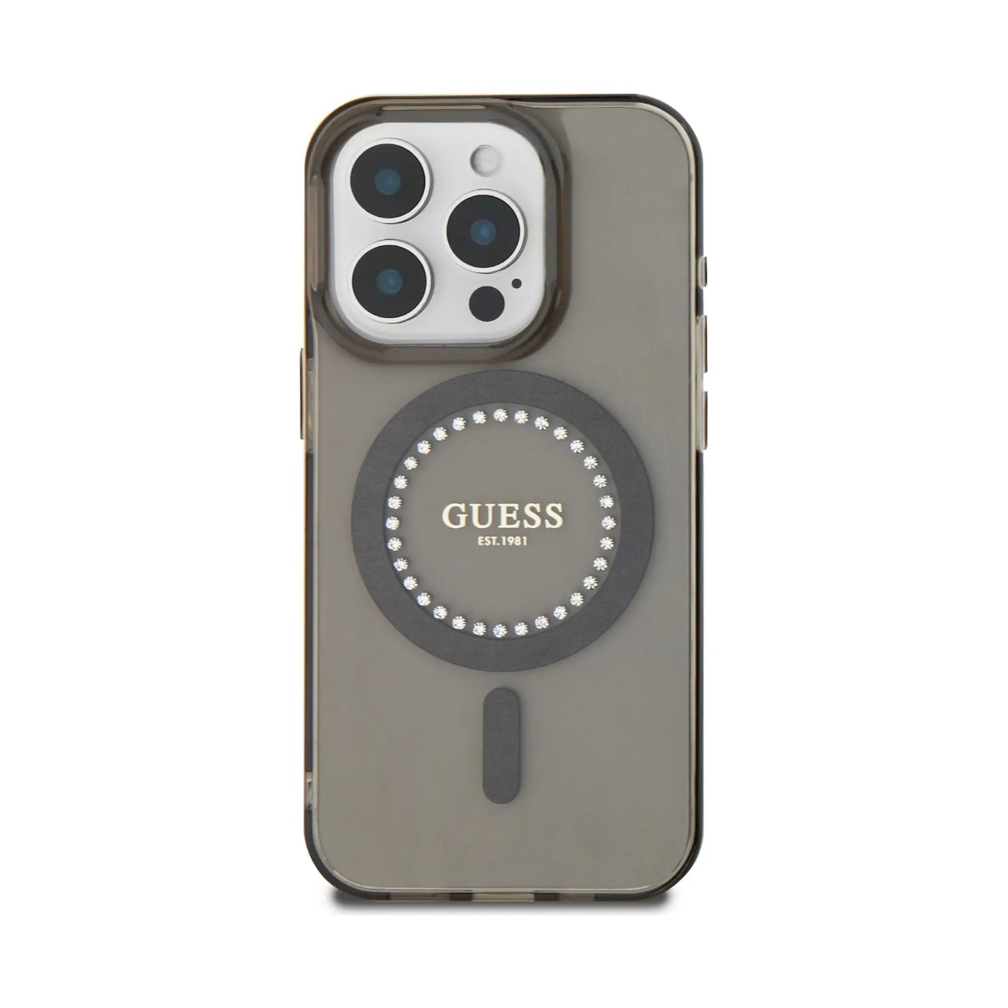 Guess IML Rhinestones Hülle mit MagSafe – iPhone 16 Pro Max, Schwarz