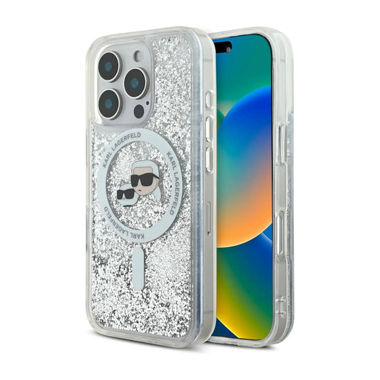 Karl Lagerfeld Hülle Liquid Glitter Karl & Choupette Kopf Transparent – iPhone 16 Pro