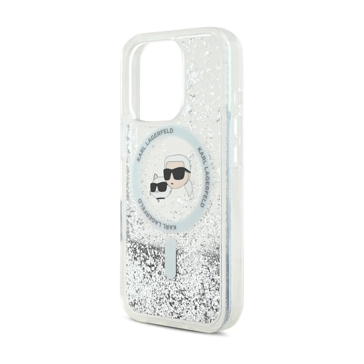 Karl Lagerfeld Hülle Liquid Glitter Karl & Choupette Kopf Transparent – iPhone 16 Pro