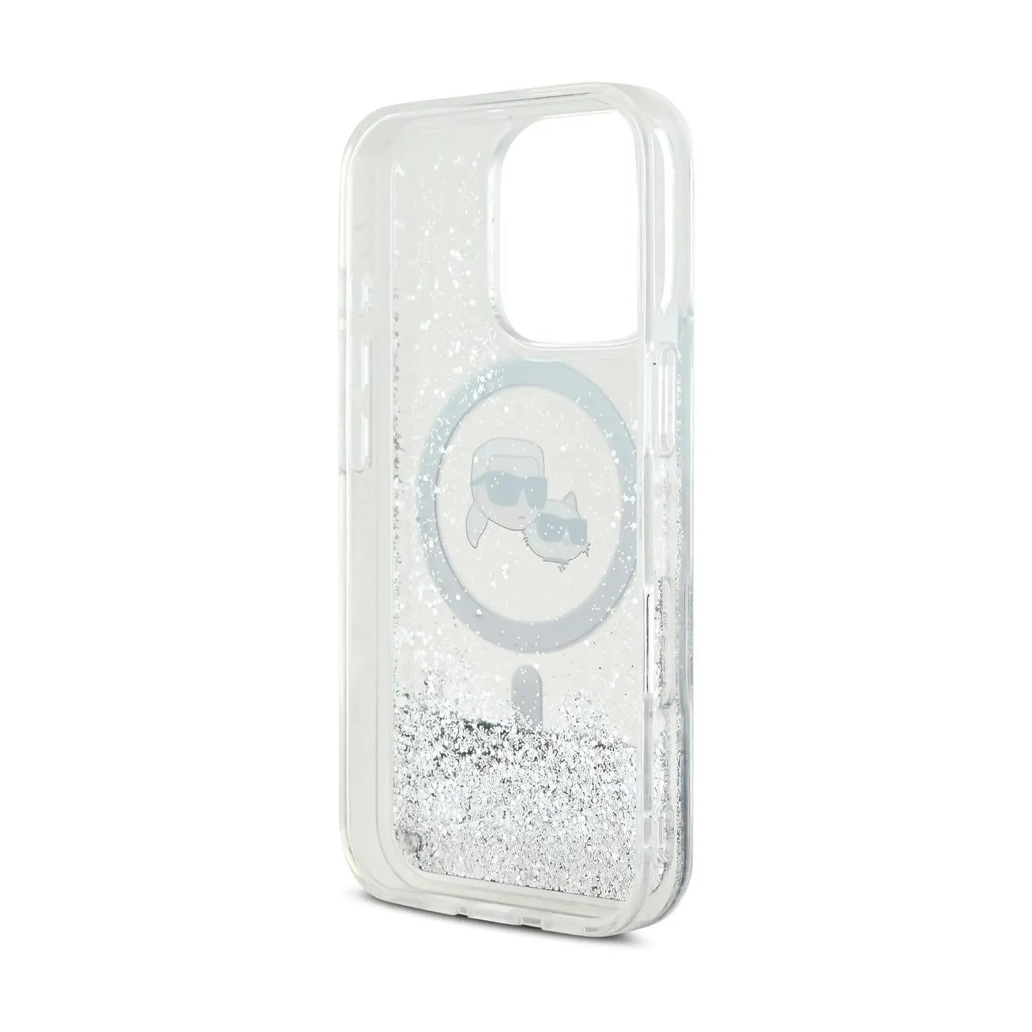Karl Lagerfeld Hülle Liquid Glitter Karl & Choupette Kopf Transparent – iPhone 16 Pro