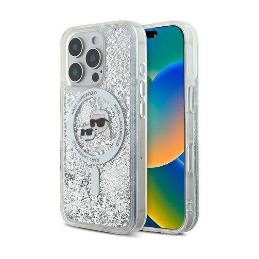 Karl Lagerfeld Liquid Glitter Hülle mit Karl & Choupette Head und MagSafe – iPhone 16 Pro Max, Transparent