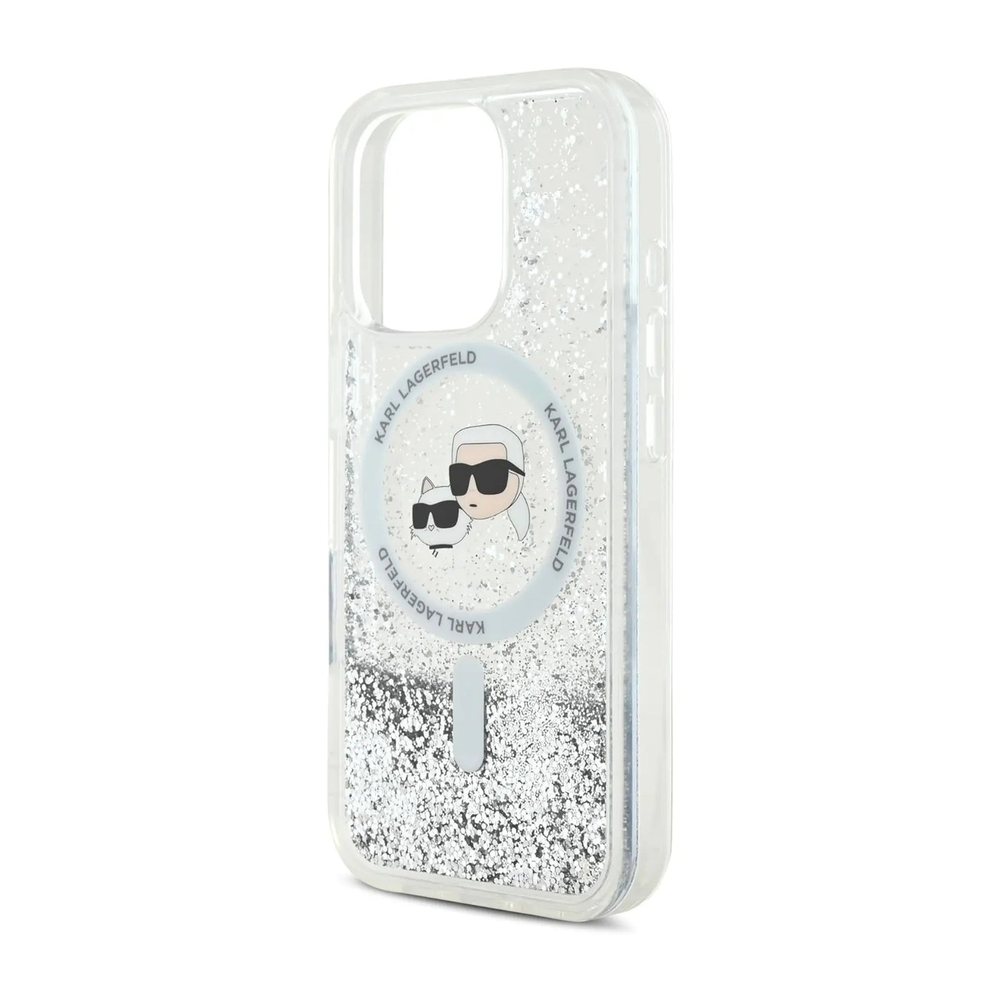 Karl Lagerfeld Liquid Glitter Hülle mit Karl & Choupette Head und MagSafe – iPhone 16 Pro Max, Transparent