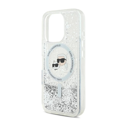 Karl Lagerfeld Liquid Glitter Hülle mit Karl & Choupette Head und MagSafe – iPhone 16 Pro Max, Transparent