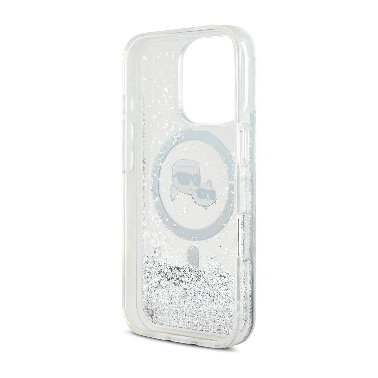 Karl Lagerfeld Liquid Glitter Hülle mit Karl & Choupette Head und MagSafe – iPhone 16 Pro Max, Transparent