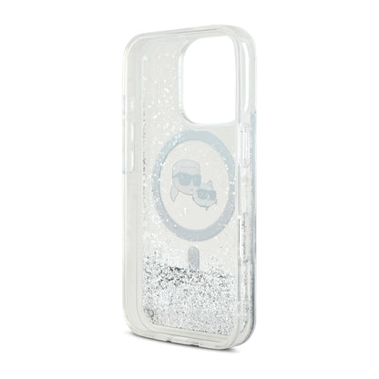 Karl Lagerfeld Liquid Glitter Hülle mit Karl & Choupette Head und MagSafe – iPhone 16 Pro Max, Transparent