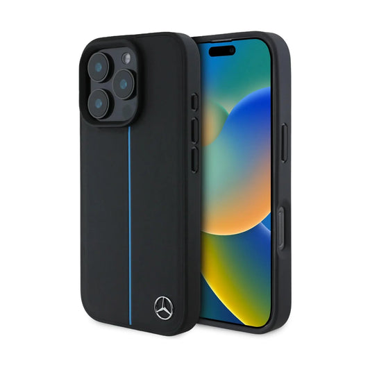 Mercedes Handyhülle MEHMP16L23RURBK MB Blue Line Leder Schwarz für Magsafe – iPhone 16 Pro