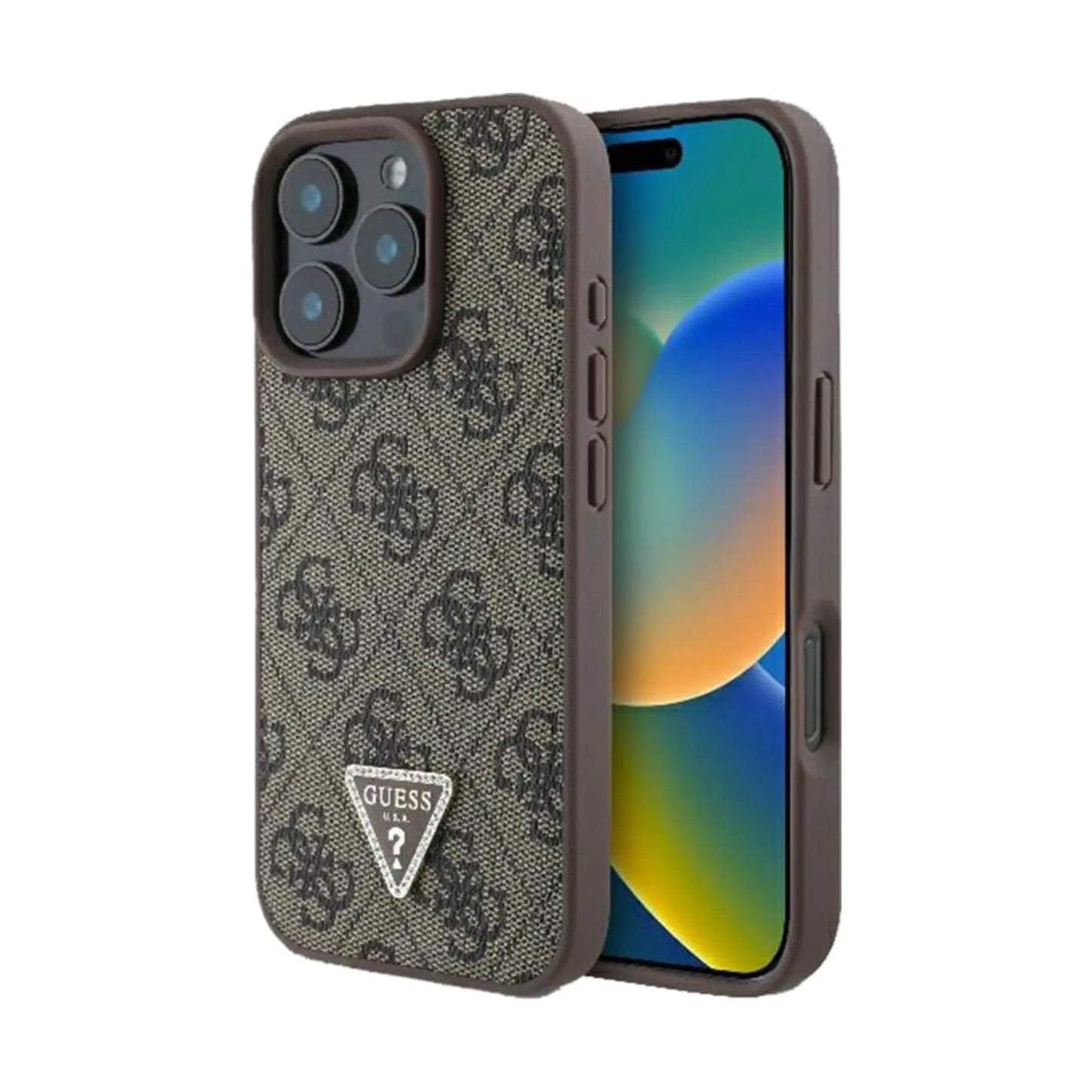 Guess Hülle 4G Strass Triangle Metal Logo Braun – iPhone 16 Pro Max