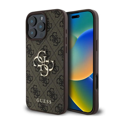 Guess Monogramm Hülle mit 4G-Metalllogo – iPhone 16 Pro Max, Dunkelbraun
