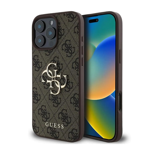 Guess Monogramm Hülle mit 4G-Metalllogo – iPhone 16 Pro Max, Dunkelbraun