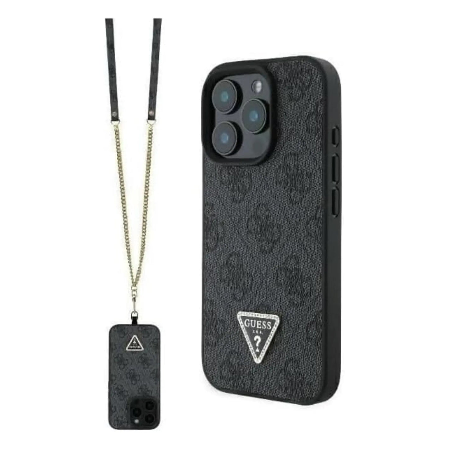 Guess 4G Strass Hülle mit Gurt & Dreieckslogo – iPhone 16 Pro Max, Schwarz