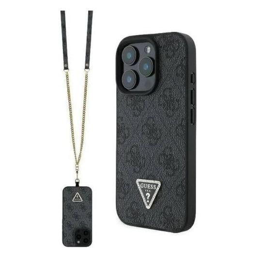 Guess 4G Strass Hülle mit Gurt & Dreieckslogo – iPhone 16 Pro Max, Schwarz