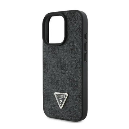 Guess 4G Strass Hülle mit Gurt & Dreieckslogo – iPhone 16 Pro Max, Schwarz