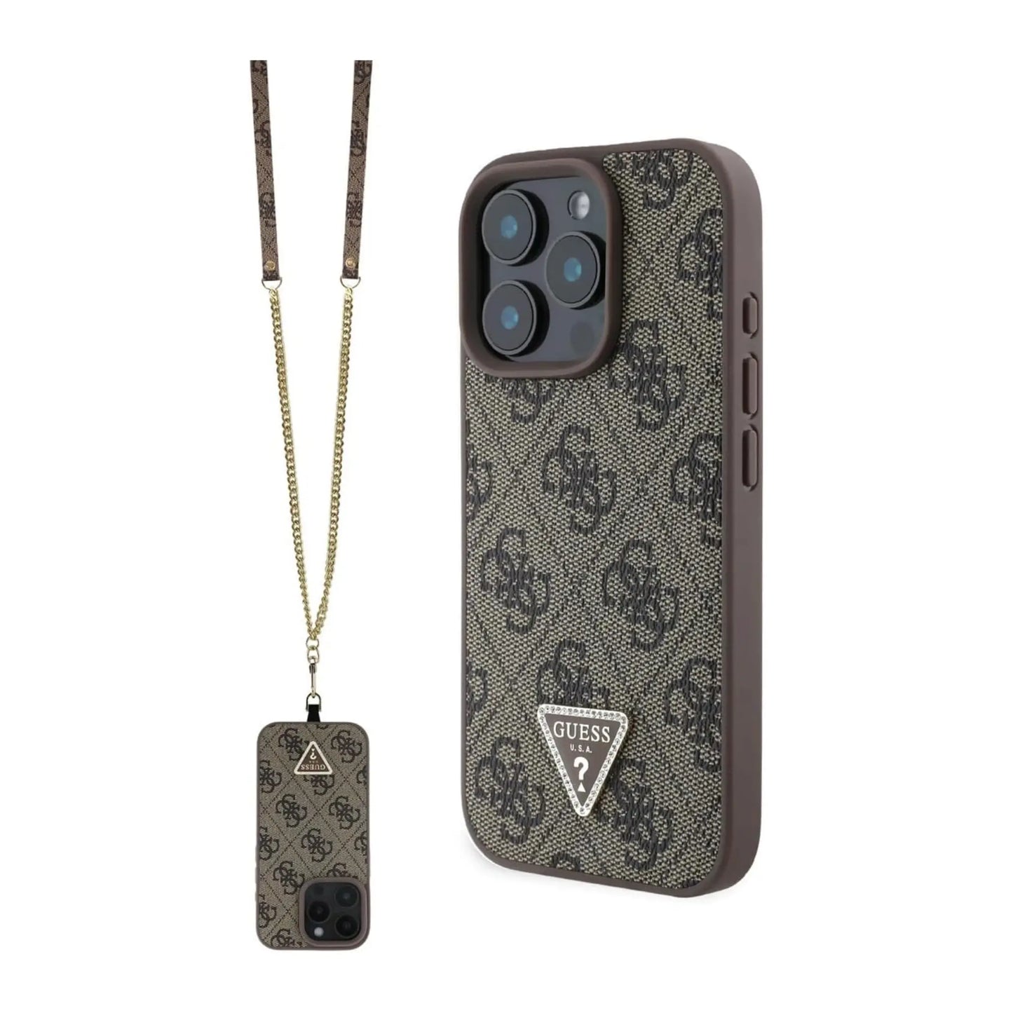 Guess Hülle 4G Strass Dreieck mit Umhängegurt – iPhone 16 Pro Braun