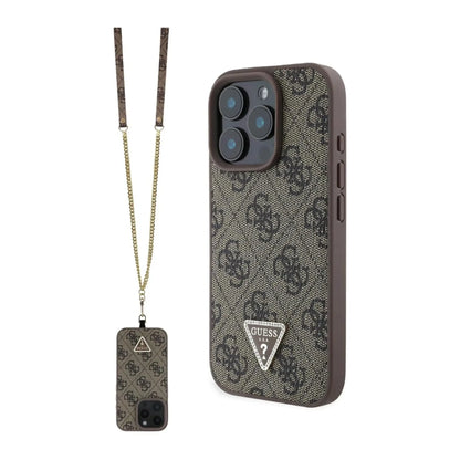Guess Hülle 4G Strass Dreieck mit Umhängegurt – iPhone 16 Pro Braun