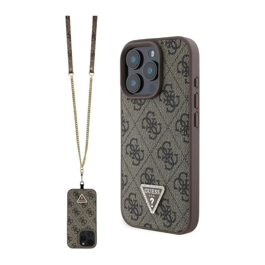 Guess Hülle 4G Strass Dreieck mit Umhängegurt – iPhone 16 Pro Braun