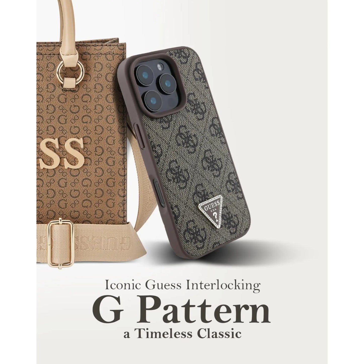 Guess Hülle 4G Strass Dreieck mit Umhängegurt – iPhone 16 Pro Braun