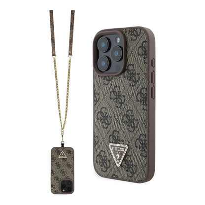 Guess 4G Strass Hülle mit Gurt & Dreieckslogo – iPhone 16 Pro Max, Braun