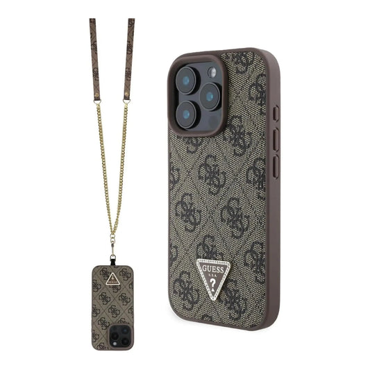 Guess 4G Strass Hülle mit Gurt & Dreieckslogo – iPhone 16 Pro Max, Braun