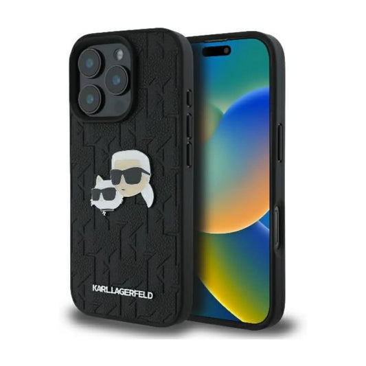 Karl Lagerfeld Hardcase mit Monogramm & Karl/Choupette Head Pin – iPhone 16 Pro Max, Schwarz