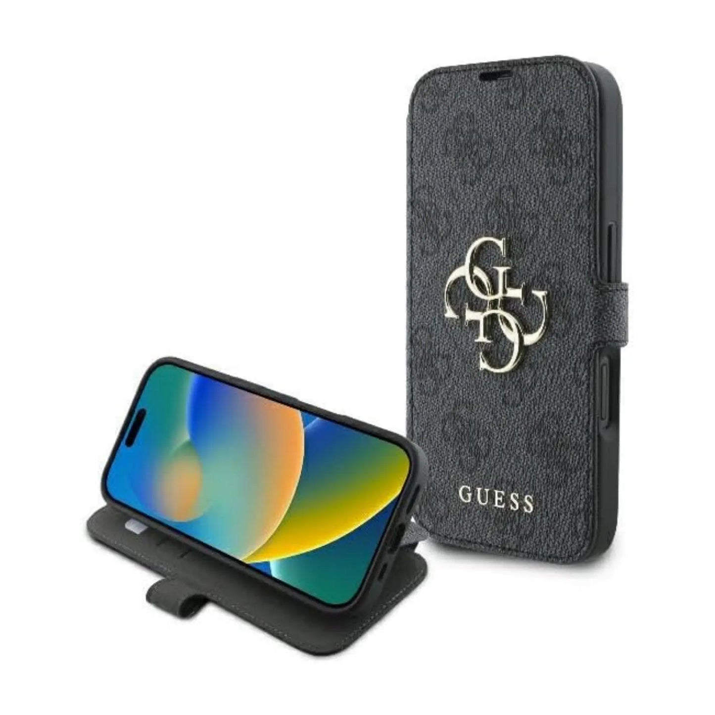 Guess Klapphülle 4G Metal Logo für iPhone 16 - Schwarz/Gold