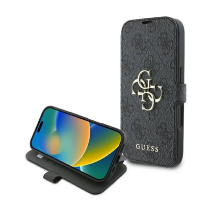Guess Klapphülle 4G Metal Logo für iPhone 16 - Schwarz/Gold
