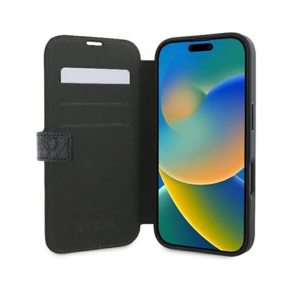 Guess Klapphülle 4G Metal Logo für iPhone 16 - Schwarz/Gold