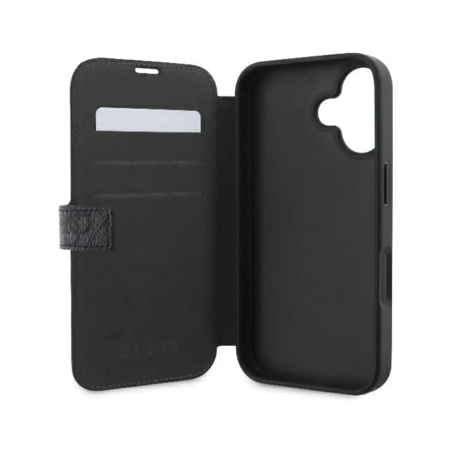 Guess Klapphülle 4G Metal Logo für iPhone 16 - Schwarz/Gold