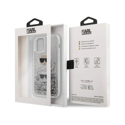Karl Lagerfeld Hülle KLHCP12MKCGLSL Liquid Glitter Karl & Choupette Silber – iPhone 12/12 Pro