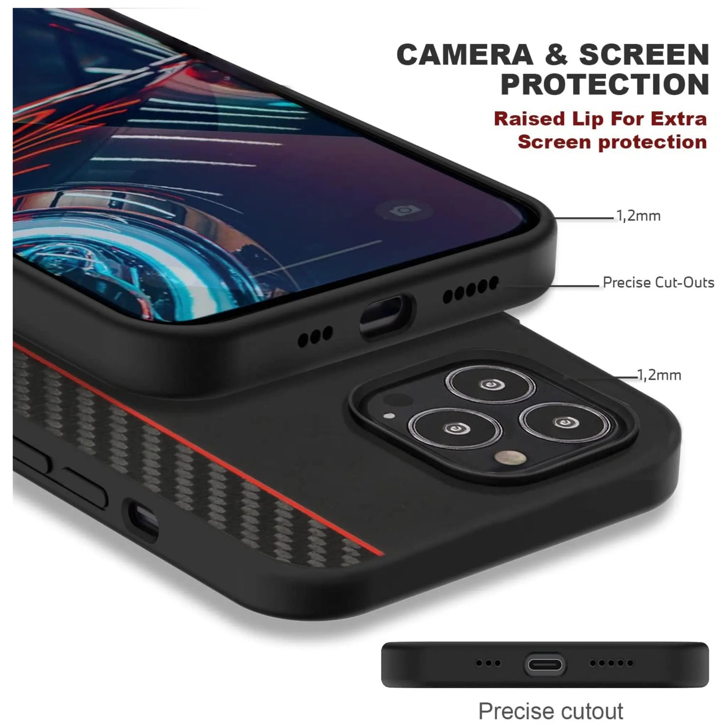 Ferrari FESAXHCP12LBK On Track Carbon Stripe Case, Schwarz – iPhone 12 Pro Max