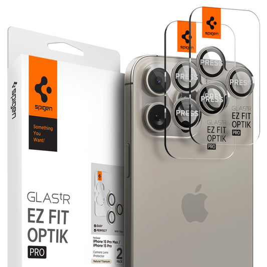 Spigen Glass tR EZ Fit Optik Pro 2 Pack, nature titanium - iPhone 15 Pro/15 Pro Max