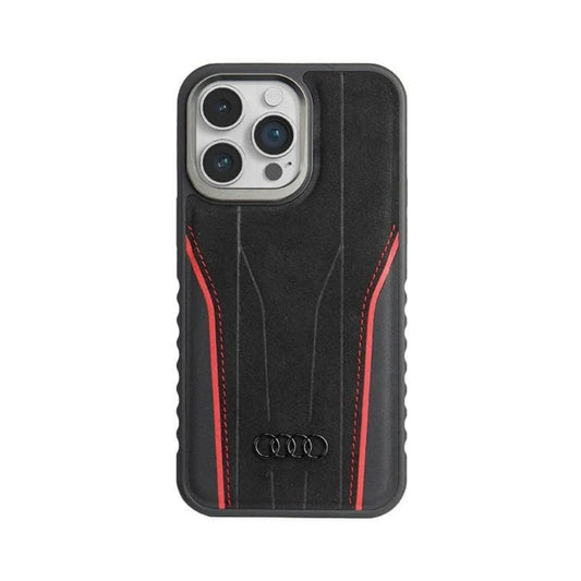 Audi Echtleder MagSafe Case, Schwarz/Rot – iPhone 15 Pro Max