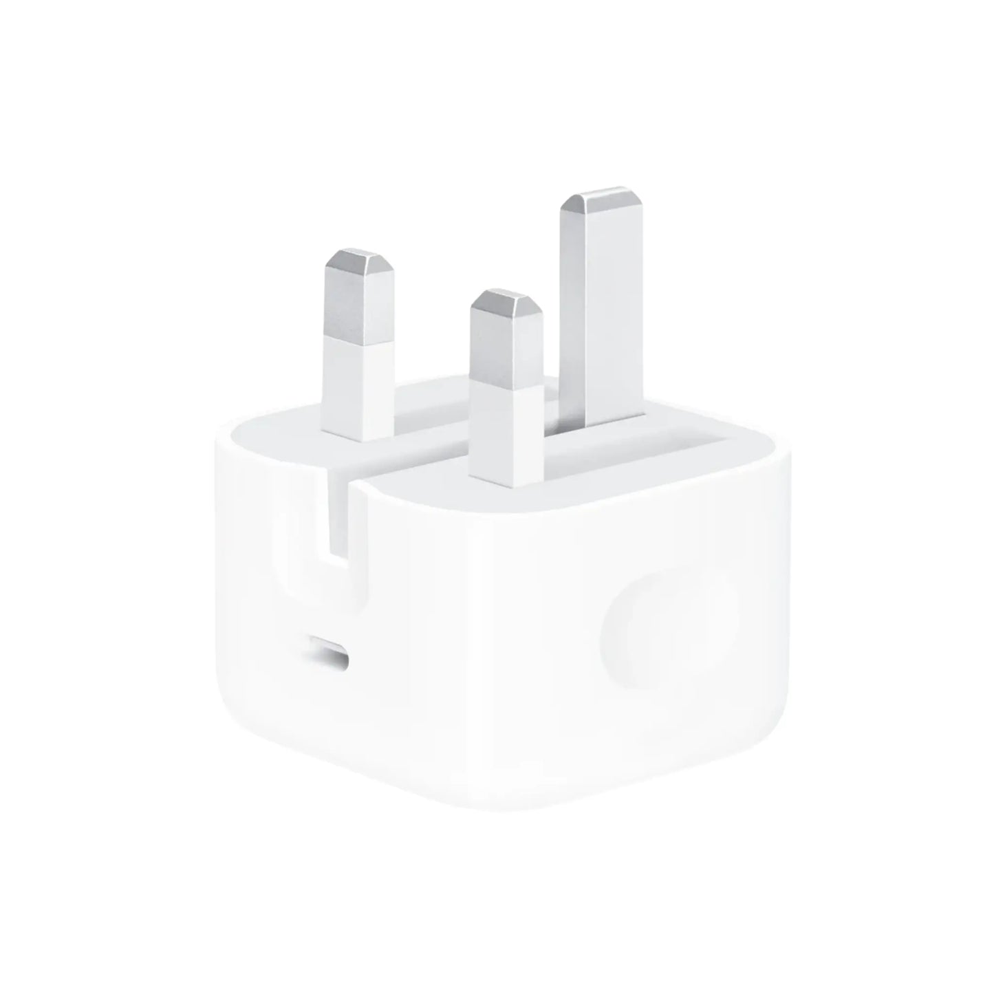 Das Bild zeigt das Apple MHJF3 Ladegerät 20W UK-Plug in Weiß aus der Frontansicht.