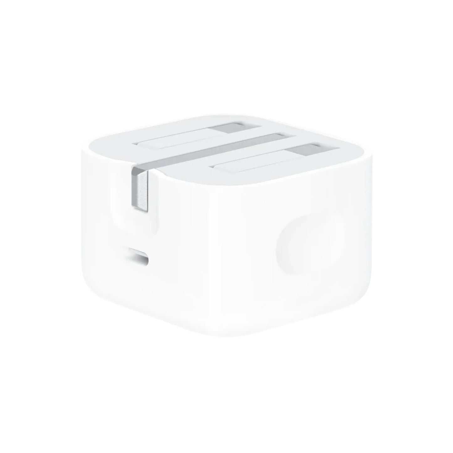 Das Bild zeigt das Apple MHJF3 Ladegerät 20W UK-Plug in Weiß aus der Schrägansicht.