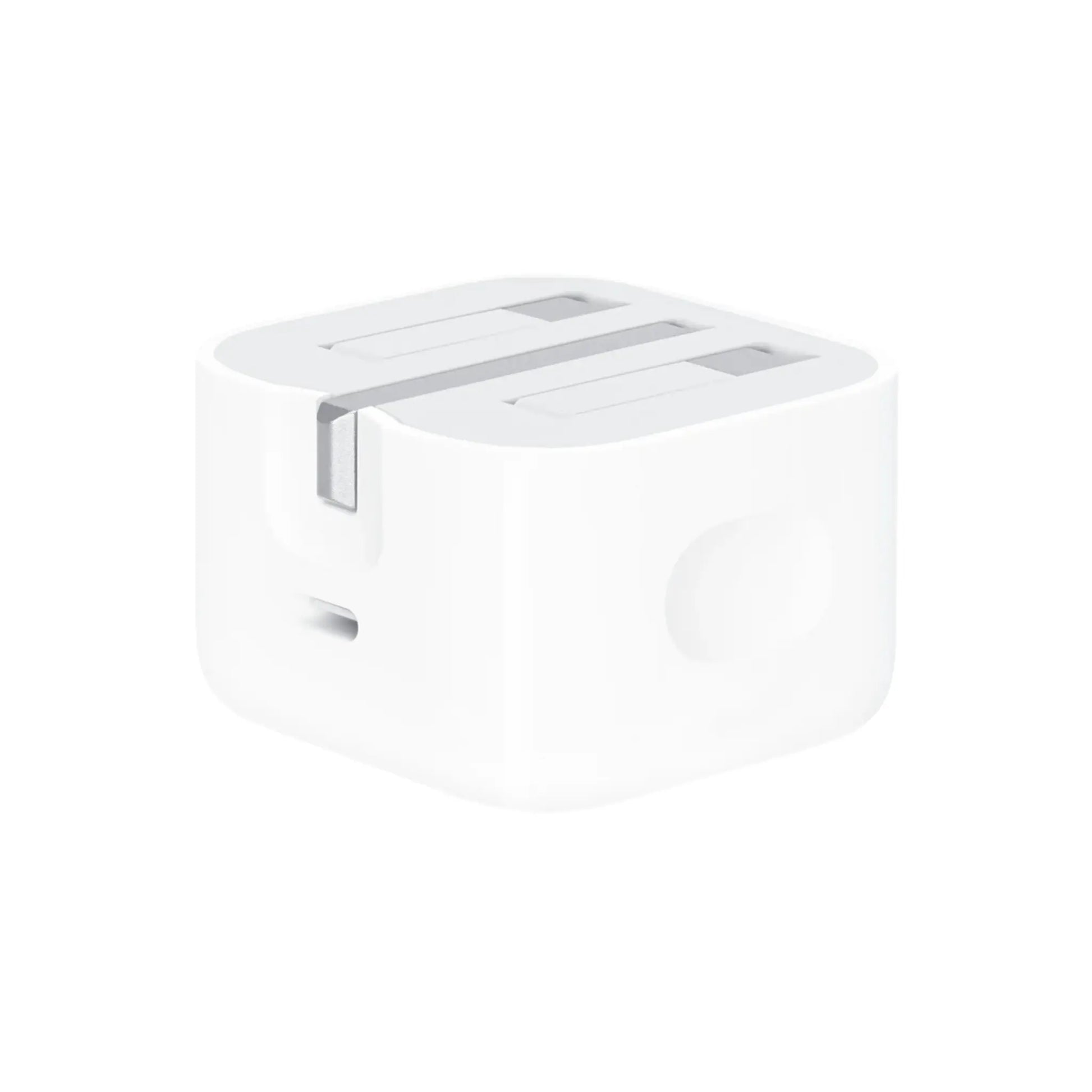 Das Bild zeigt das Apple MHJF3 Ladegerät 20W UK-Plug in Weiß aus der Schrägansicht.
