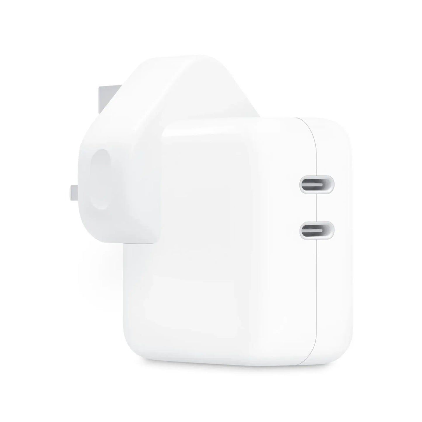 Das Bild zeigt das Apple MNWP3 Ladegerät Duo USB-C 35W UK-Plug in Weiß aus der Schrägansicht. 