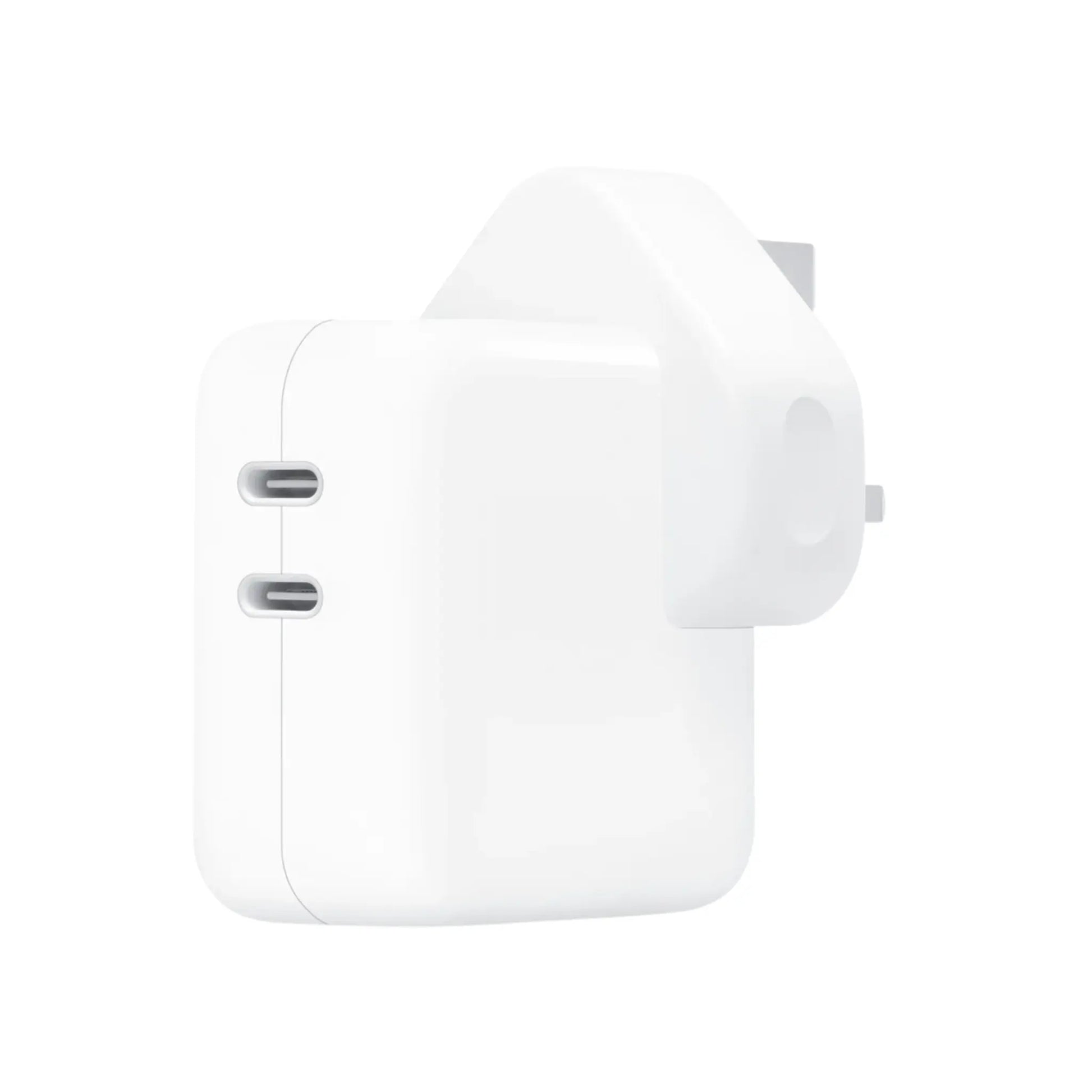 Das Bild zeigt das Apple MNWP3 Ladegerät Duo USB-C 35W UK-Plug in Weiß aus der Seitenansicht. 